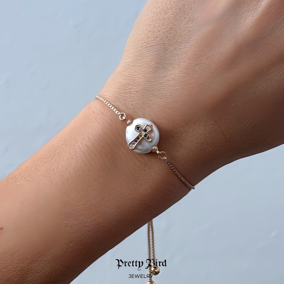Pretty Bird Jewelry - 18k Yellow Gold Plated Multi Color Crystal CZ Cross Pearl Box Lariat Bracelet